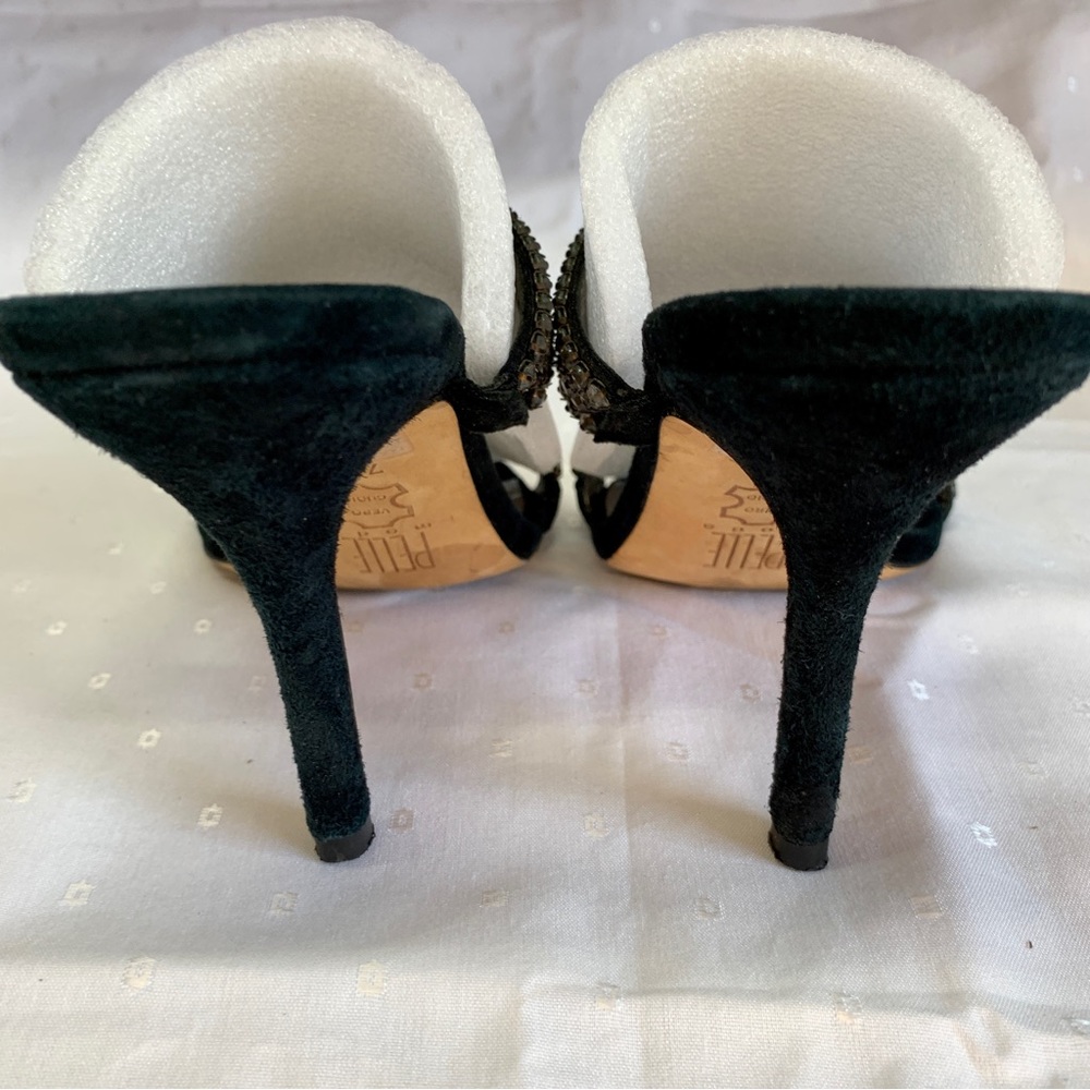 Black Suede Dressy Formal Sexy High Heel Leather Sandals Rhinestone Size 7.5 EUC - Picture 4 of 6